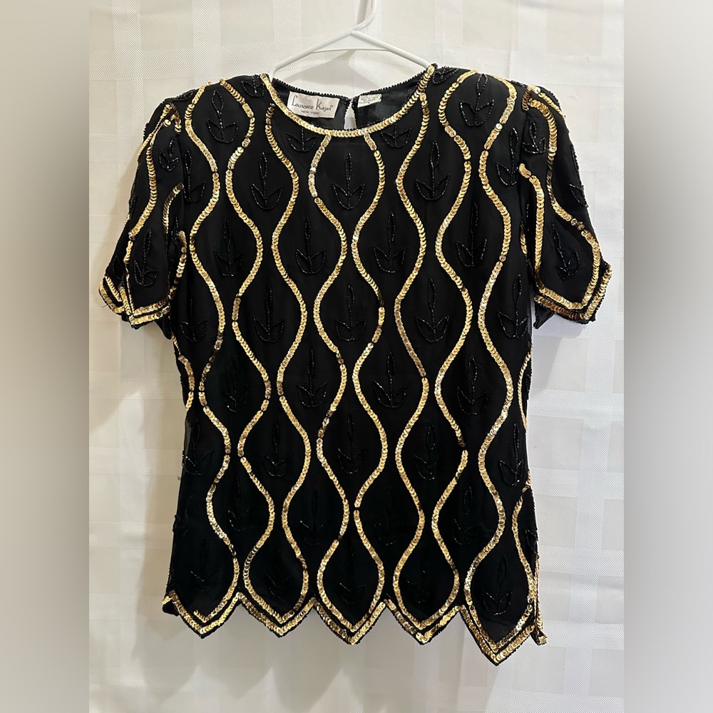 Vintage 80's Silk Sequin Beaded Blouse Top Black Gold Laurance Kazar, small